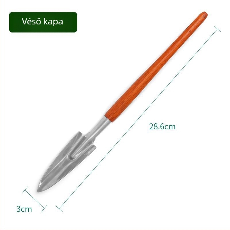 Rozsdamentes acélból készült kerti szerszámok három darabos készlet: mini ásó, mini kerti ültető kanál, mini gereblye virágokhoz