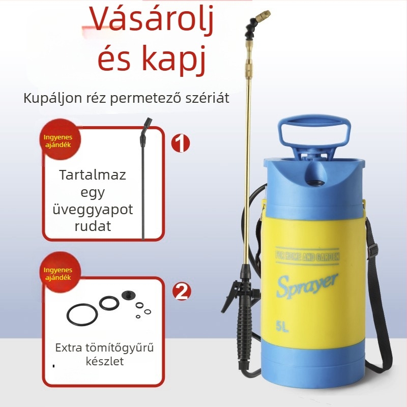 Nyomásmérős öntözőkanna vállsprayerrel, PE/PP anyagból, kertre és fertőtlenítésre