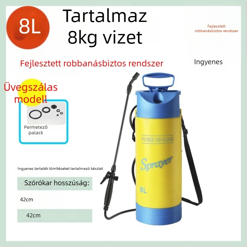 Nyomásmérős öntözőkanna vállsprayerrel, PE/PP anyagból, kertre és fertőtlenítésre