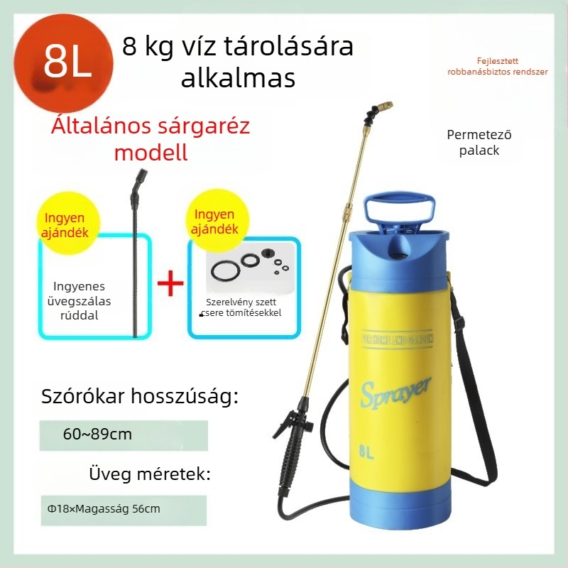 Nyomásmérős öntözőkanna vállsprayerrel, PE/PP anyagból, kertre és fertőtlenítésre