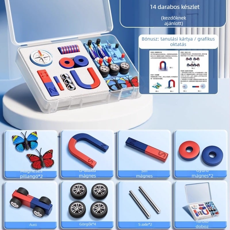 Másodikos természettudományos mágneskészlet: tartalmaz iránytűt és oktatási segédeszközöket, mágneses anyag