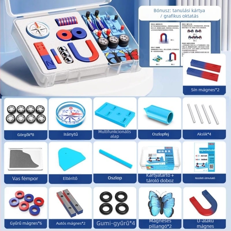 Másodikos természettudományos mágneskészlet: tartalmaz iránytűt és oktatási segédeszközöket, mágneses anyag