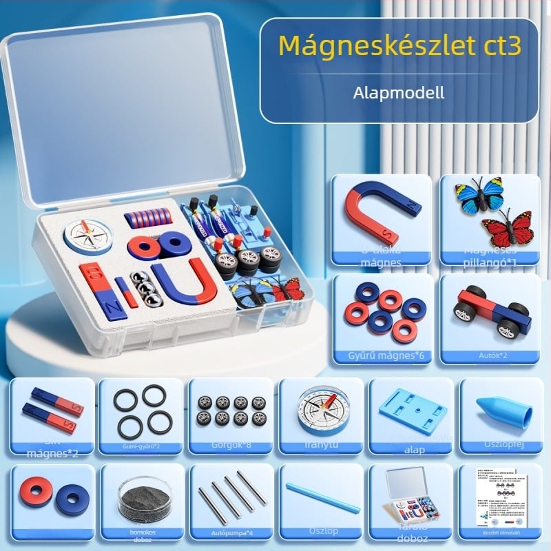 Másodikos természettudományos mágneskészlet: tartalmaz iránytűt és oktatási segédeszközöket, mágneses anyag
