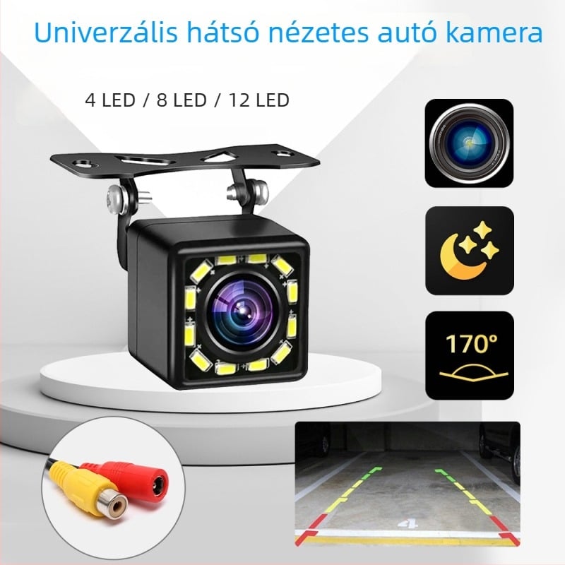 Autó hátsó kamera, 170°-os széles látószög, IP67 vízálló, 12 LED éjszakai látás, CVBS videójel, 800x480 felbontás