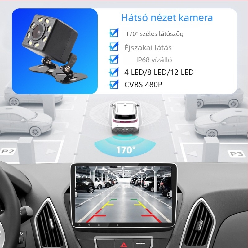 Autó hátsó kamera, 170°-os széles látószög, IP67 vízálló, 12 LED éjszakai látás, CVBS videójel, 800x480 felbontás