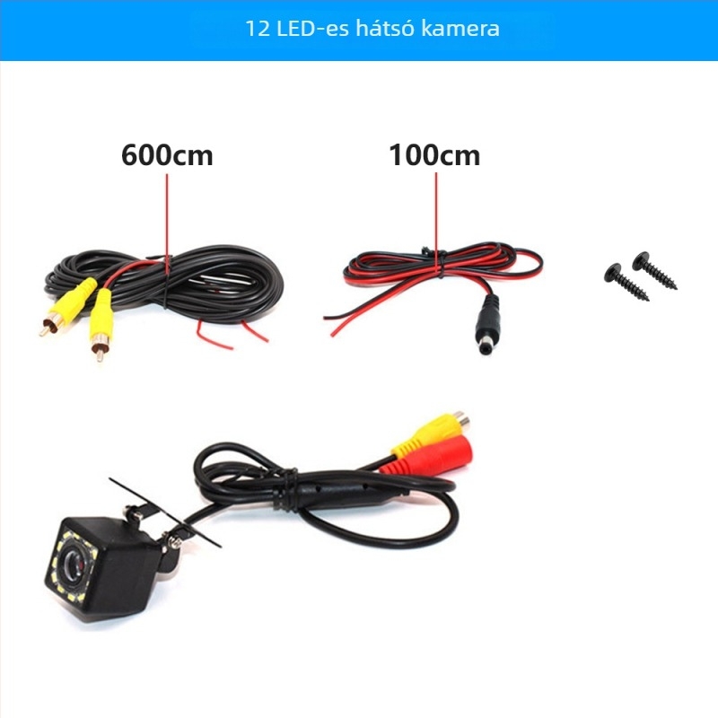 Autó hátsó kamera, 170°-os széles látószög, IP67 vízálló, 12 LED éjszakai látás, CVBS videójel, 800x480 felbontás