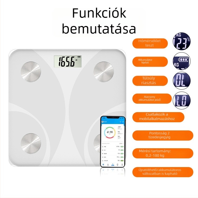 Bluetooth testzsírszámláló – digitális háztartási mérleg USB töltéssel, méri a testsúlyt, a testzsírt, a kalóriákat és a nedvességet, 180 kg-ig