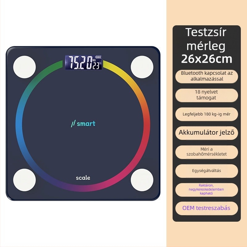 Bluetooth testzsírszámláló – digitális háztartási mérleg USB töltéssel, méri a testsúlyt, a testzsírt, a kalóriákat és a nedvességet, 180 kg-ig