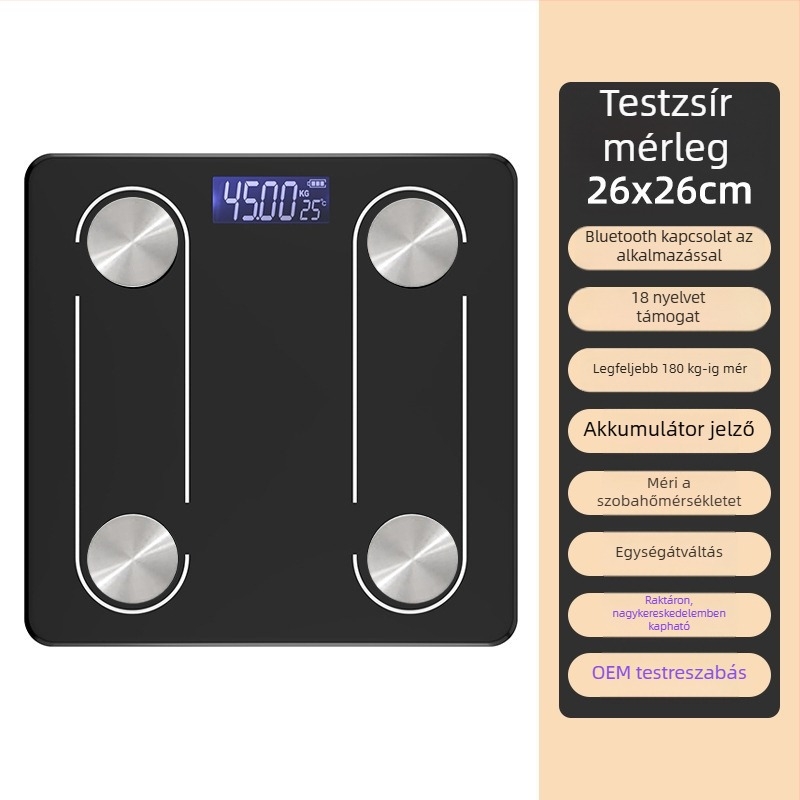 Bluetooth testzsírszámláló – digitális háztartási mérleg USB töltéssel, méri a testsúlyt, a testzsírt, a kalóriákat és a nedvességet, 180 kg-ig