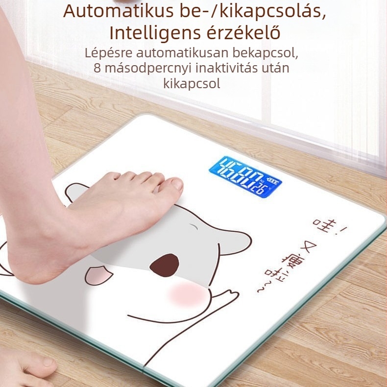 Karikatúra-stílusú okos testtömeg-mérleg, digitális, USB újratölthető vagy elemes, otthoni használatra