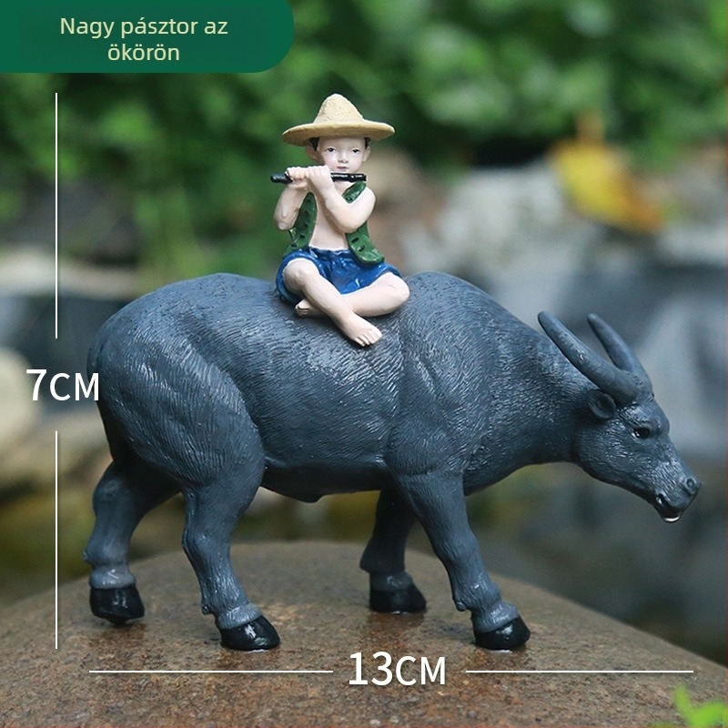 Mini tájkép bonsai dísz – pasztorális műgyanta kivitelezés, pásztor ül egy bivalyon, otthoni dekorációhoz