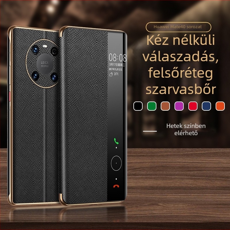 Huawei Mate 40 Pro valódi bőrtok, intelligens flip tok beépített állvánnyal, elektroplatinált felülettel