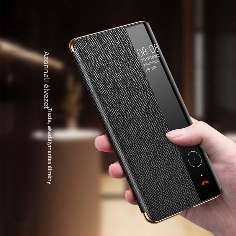 Huawei Mate 40 Pro valódi bőrtok, intelligens flip tok beépített állvánnyal, elektroplatinált felülettel