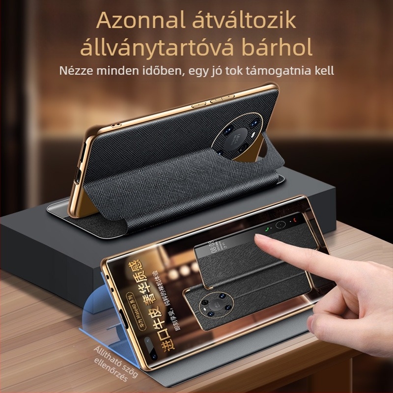 Huawei Mate 40 Pro valódi bőrtok, intelligens flip tok beépített állvánnyal, elektroplatinált felülettel