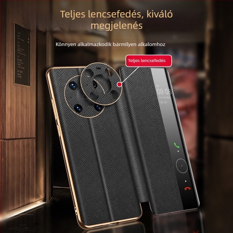 Huawei Mate 40 Pro valódi bőrtok, intelligens flip tok beépített állvánnyal, elektroplatinált felülettel