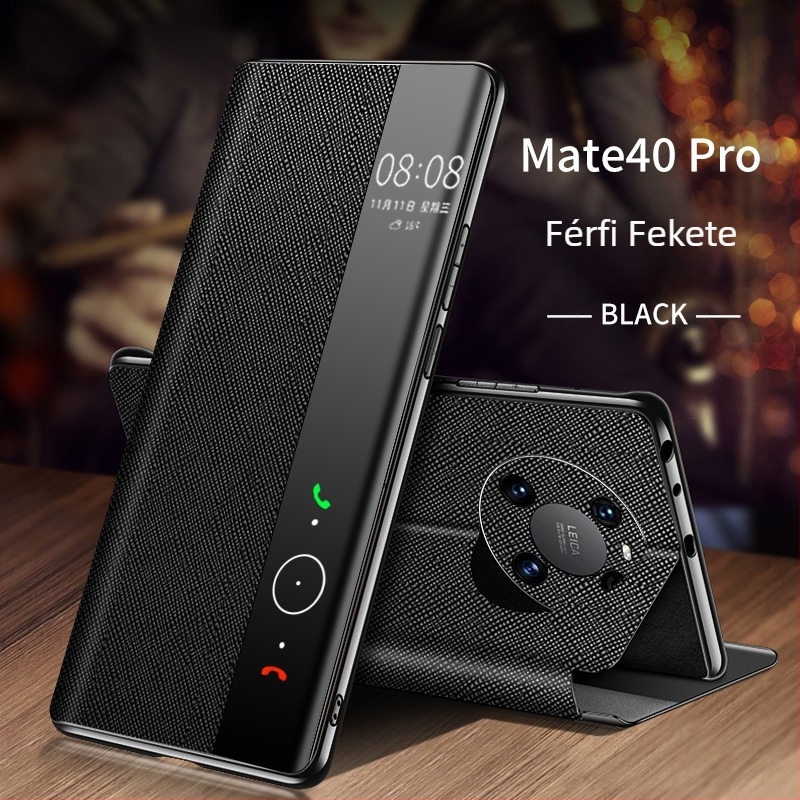 Huawei Mate 40 Pro valódi bőrtok, intelligens flip tok beépített állvánnyal, elektroplatinált felülettel