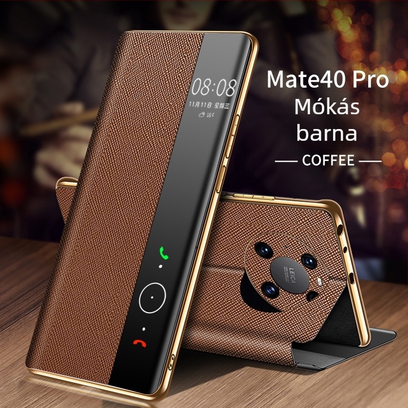 Huawei Mate 40 Pro valódi bőrtok, intelligens flip tok beépített állvánnyal, elektroplatinált felülettel