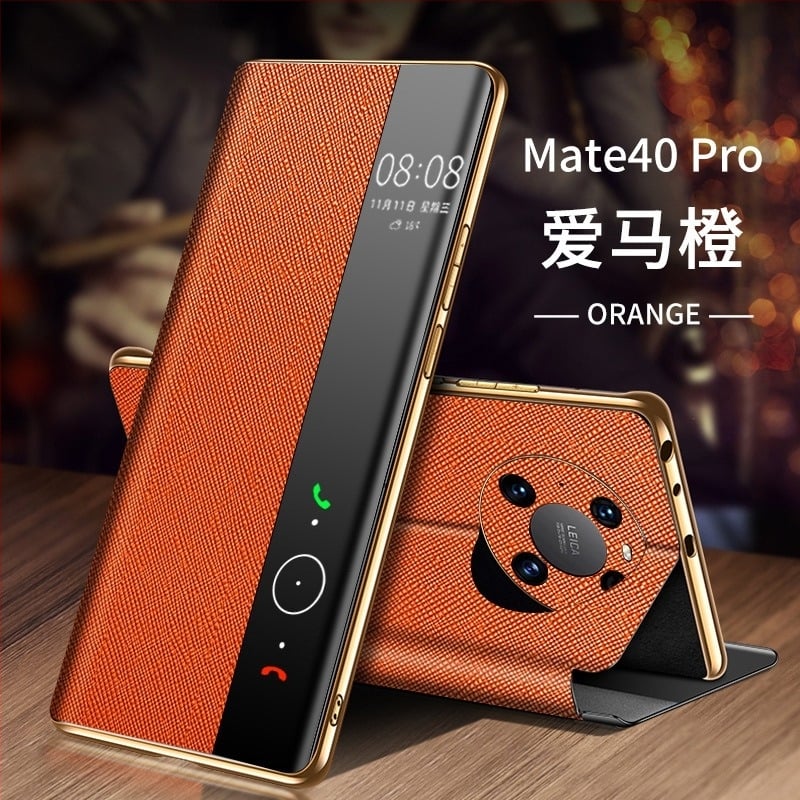 Huawei Mate 40 Pro valódi bőrtok, intelligens flip tok beépített állvánnyal, elektroplatinált felülettel