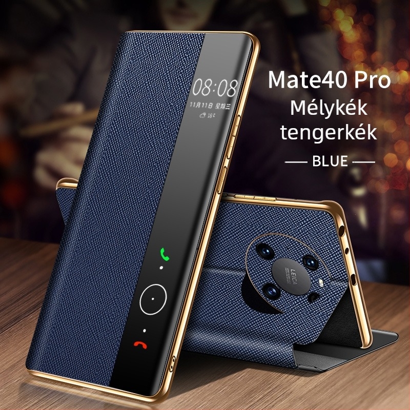 Huawei Mate 40 Pro valódi bőrtok, intelligens flip tok beépített állvánnyal, elektroplatinált felülettel