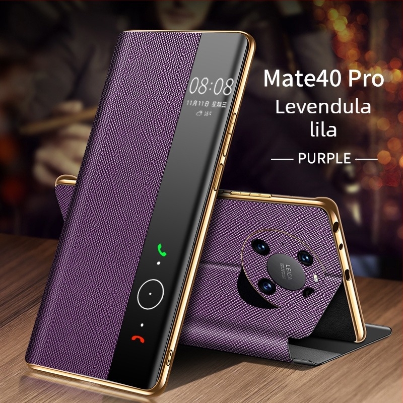 Huawei Mate 40 Pro valódi bőrtok, intelligens flip tok beépített állvánnyal, elektroplatinált felülettel