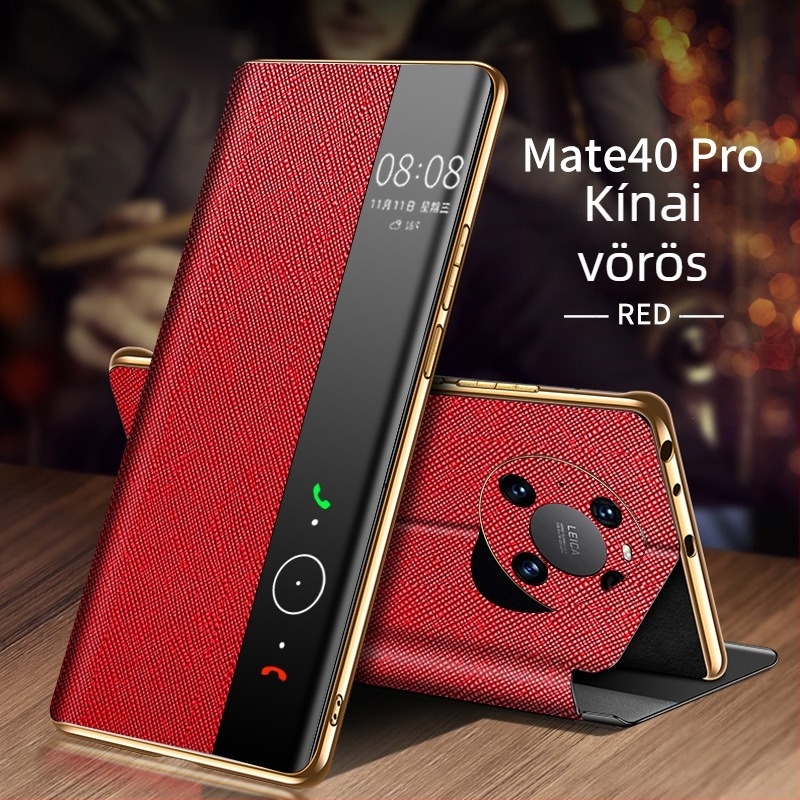 Huawei Mate 40 Pro valódi bőrtok, intelligens flip tok beépített állvánnyal, elektroplatinált felülettel