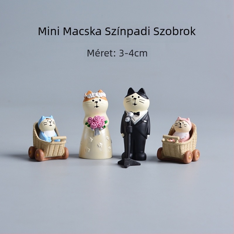 Esküvői tortadísz – menyasszony és vőlegény műgyanta figura, rajzfilmszerű stílus, mikro táj