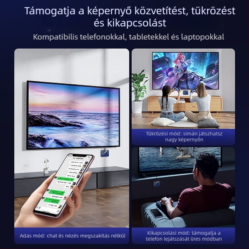 Vezeték nélküli képernyő-tükröző vevő HDMI-kimenettel, 4K, mobiltelefonokra, tabletekre és laptopokra — 2025-ös modell