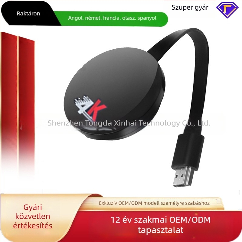 Vezeték nélküli képernyő-tükröző vevő HDMI-kimenettel, 4K, mobiltelefonokra, tabletekre és laptopokra — 2025-ös modell