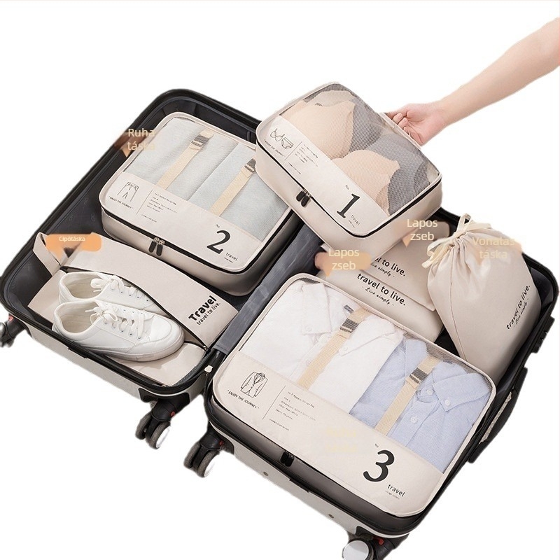 BUDDY TRAVEL Utazási tároló táska, hét részes készlet, kocka alakú, twill anyagú, többfunkciós rendező cipőknek, fehérneműnek, kozmetikumoknak és ruháknak