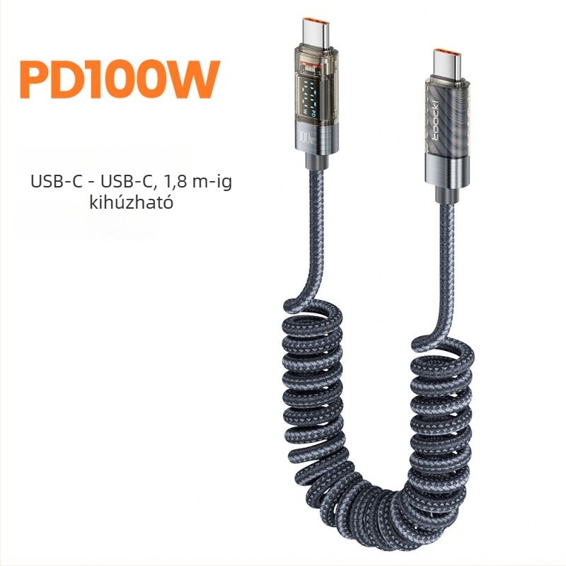 Toocki USB-C kábel kettős C-vel, alumíniumötvözetből, digitális kijelzővel, PD 100W, hossz 1,8 m