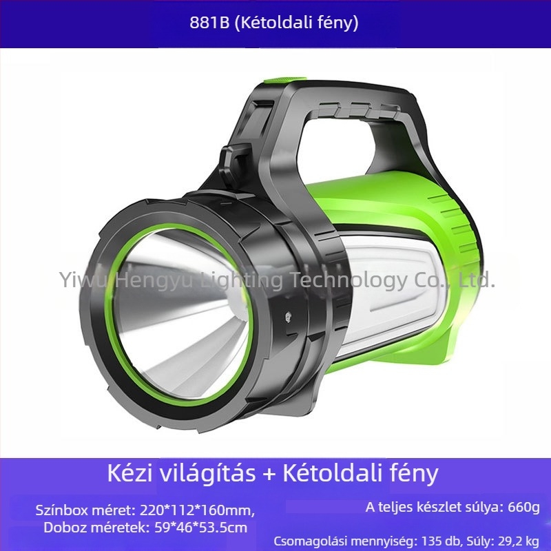 Hengyu 881 hordozható LED zseblámpa, ABS ház, 30W, 9600mAh, újratölthető, hatótávolság ≥500 m