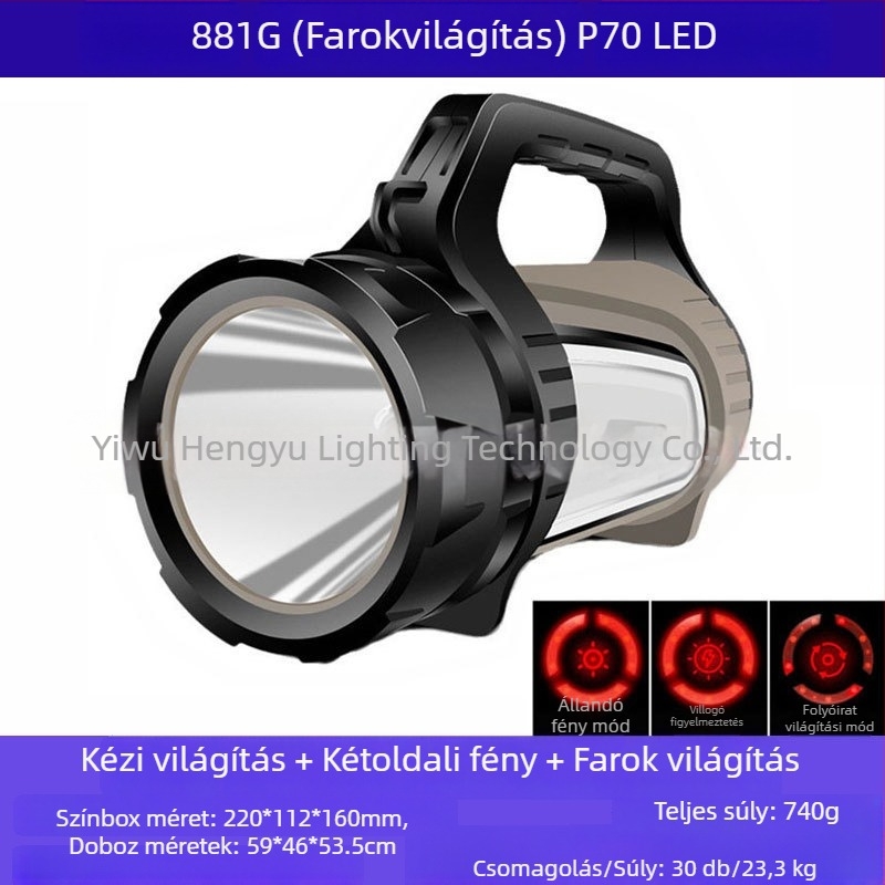 Hengyu 881 hordozható LED zseblámpa, ABS ház, 30W, 9600mAh, újratölthető, hatótávolság ≥500 m