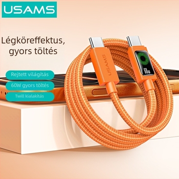 USB-C töltőkábel, fonott kivitel, 60W PD gyorstöltés, hossz 1–2 m