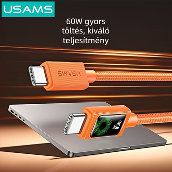 USB-C töltőkábel, fonott kivitel, 60W PD gyorstöltés, hossz 1–2 m