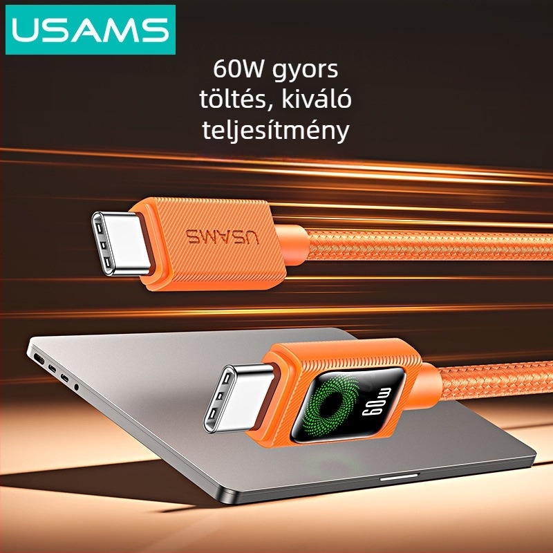 USB-C töltőkábel, fonott kivitel, 60W PD gyorstöltés, hossz 1–2 m
