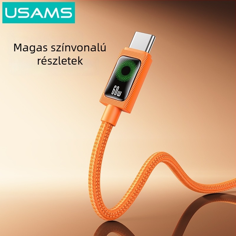 USB-C töltőkábel, fonott kivitel, 60W PD gyorstöltés, hossz 1–2 m