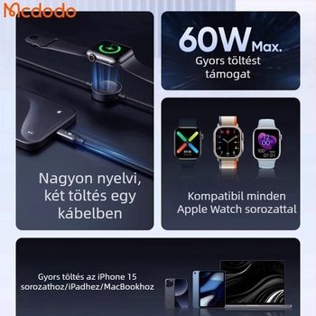60W 2-in-1 mágneses vezeték nélküli töltőkábel Type-C csatlakozóval, órákhoz és mobil eszközökhöz