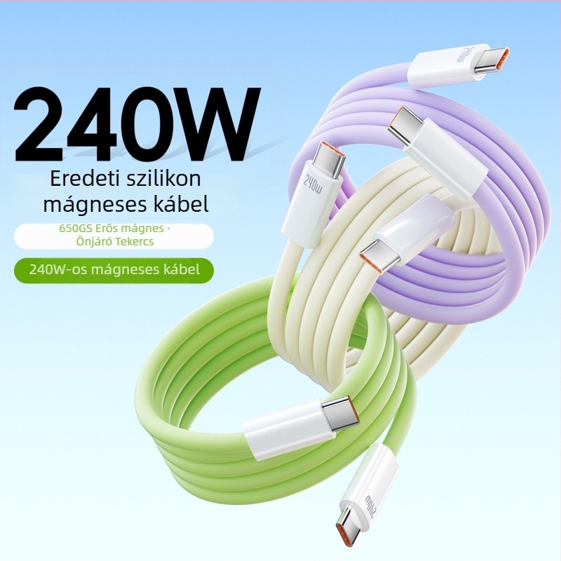 Szilikon mágneses adatkábel gyors töltéshez, 240W, Lightning és Type-C csatlakozók, egyetlen csatlakozó