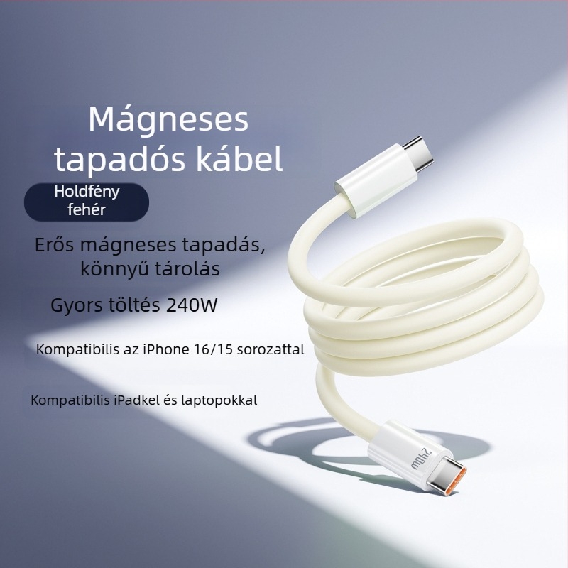 Szilikon mágneses adatkábel gyors töltéshez, 240W, Lightning és Type-C csatlakozók, egyetlen csatlakozó