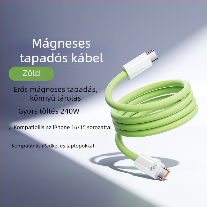 Szilikon mágneses adatkábel gyors töltéshez, 240W, Lightning és Type-C csatlakozók, egyetlen csatlakozó