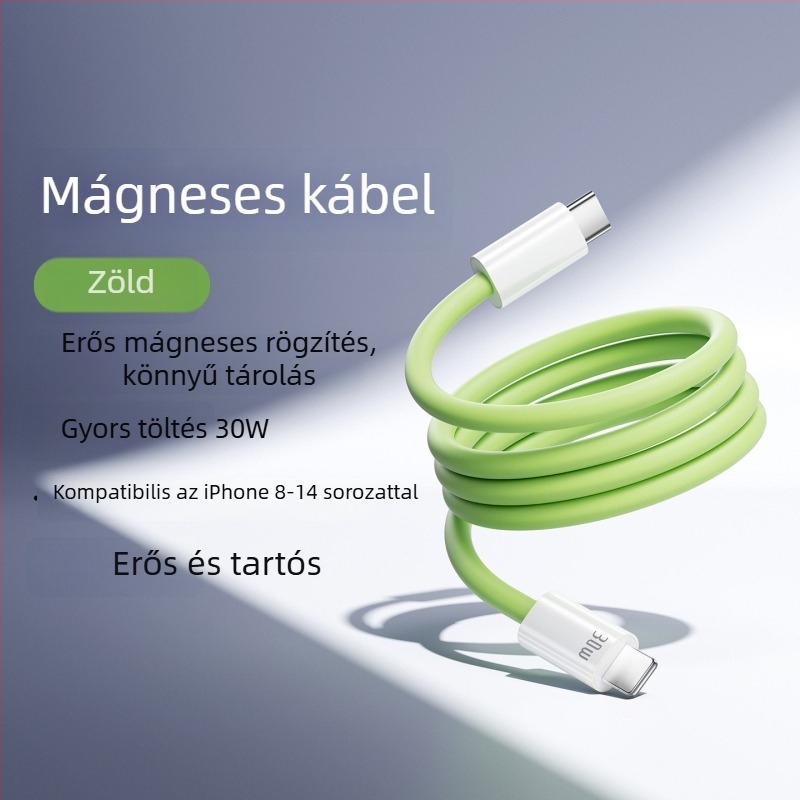 Szilikon mágneses adatkábel gyors töltéshez, 240W, Lightning és Type-C csatlakozók, egyetlen csatlakozó
