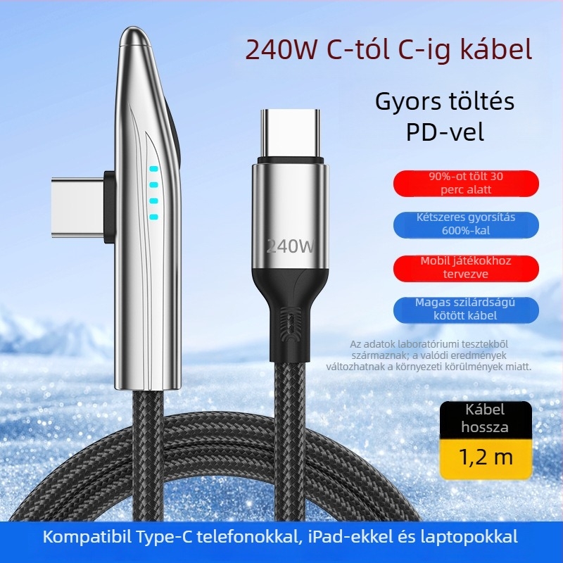 New Billion 240W USB-C gyorstöltő kábel, 90° hajlított, szőtt kivitel, egy végű csatlakozó, telefonhoz, táblagéphez és laptophoz