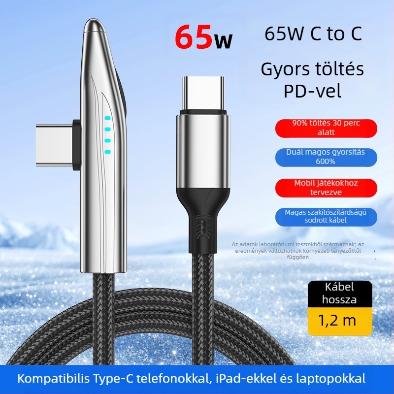 New Billion 240W USB-C gyorstöltő kábel, 90° hajlított, szőtt kivitel, egy végű csatlakozó, telefonhoz, táblagéphez és laptophoz