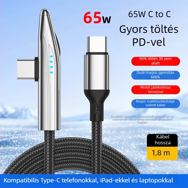 New Billion 240W USB-C gyorstöltő kábel, 90° hajlított, szőtt kivitel, egy végű csatlakozó, telefonhoz, táblagéphez és laptophoz