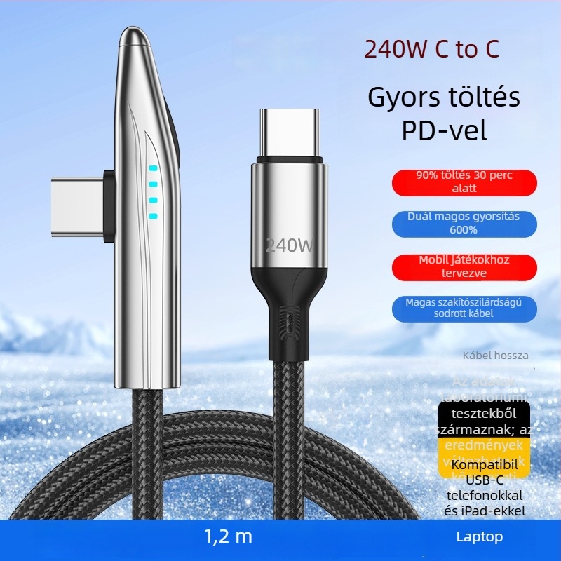 New Billion 240W USB-C gyorstöltő kábel, 90° hajlított, szőtt kivitel, egy végű csatlakozó, telefonhoz, táblagéphez és laptophoz