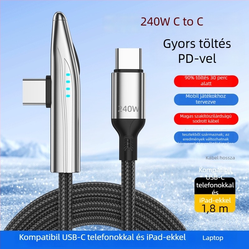New Billion 240W USB-C gyorstöltő kábel, 90° hajlított, szőtt kivitel, egy végű csatlakozó, telefonhoz, táblagéphez és laptophoz