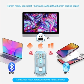 Vezeték nélküli egér T7 — 2400 DPI, 4 gomb, Bluetooth 2.4 GHz, 10 m hatótáv, újratölthető