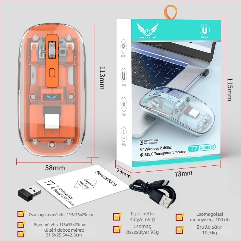 Vezeték nélküli egér T7 — 2400 DPI, 4 gomb, Bluetooth 2.4 GHz, 10 m hatótáv, újratölthető