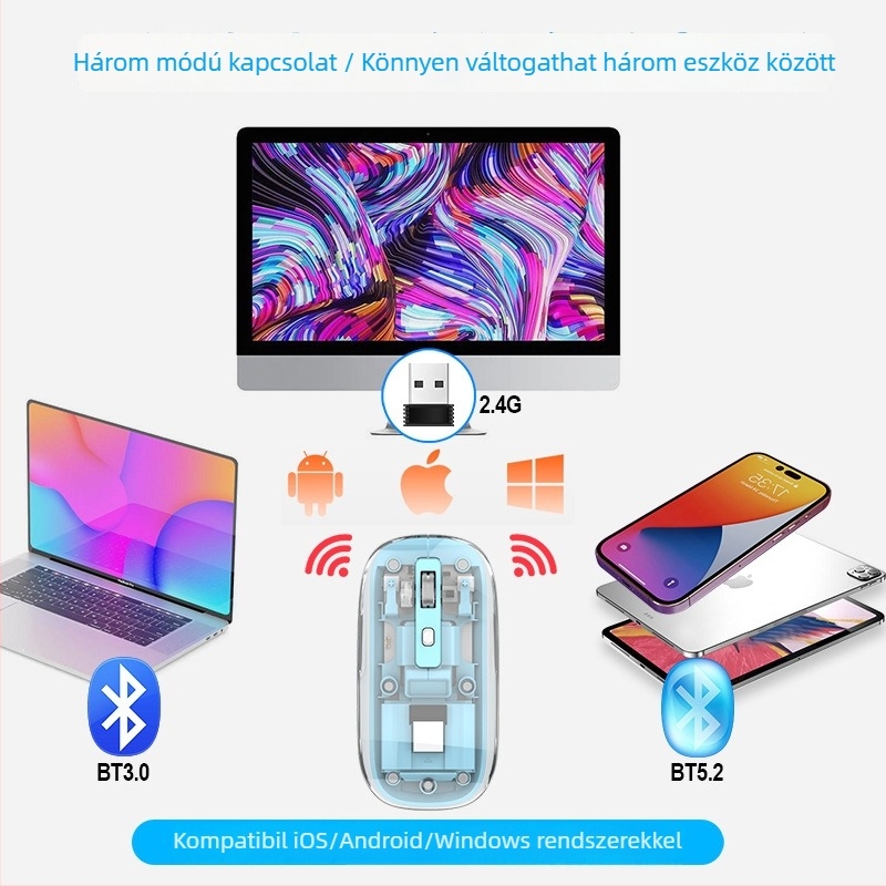 Vezeték nélküli egér T7 — 2400 DPI, 4 gomb, Bluetooth 2.4 GHz, 10 m hatótáv, újratölthető