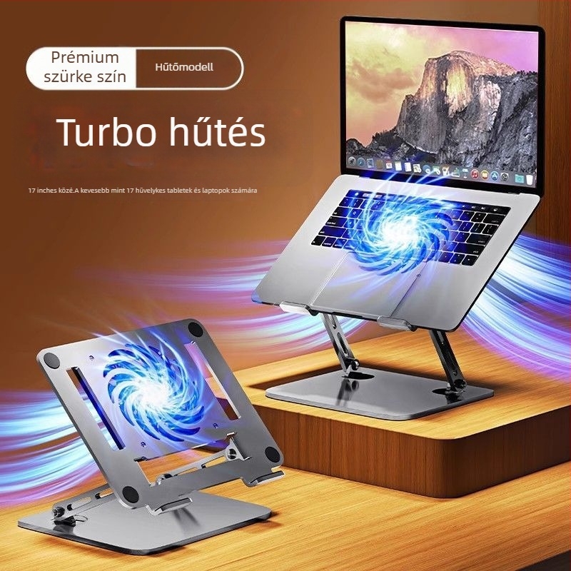 Alumínium ötvözetből készült felületi laptopállvány, összecsukható, magasságban állítható, kettős hűtés laptophoz és tablethez